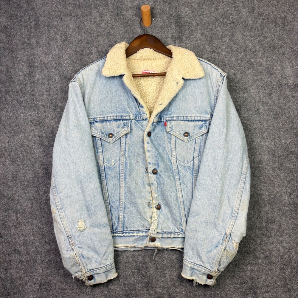 Levi's Sherpa Denim Trucker Jacket Mens 42 Blue Vintage USA Distressed 70506